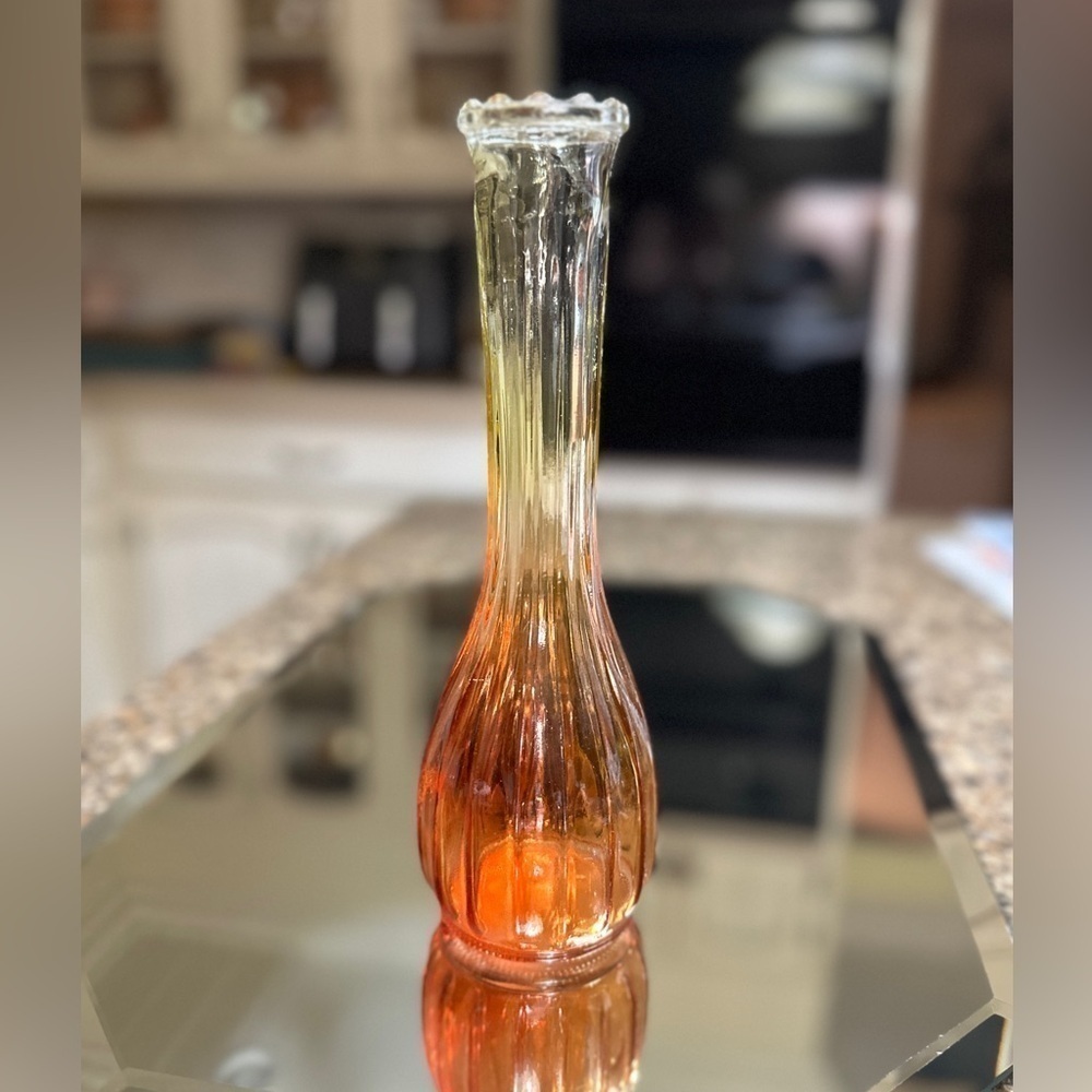 1950’S, JEANETTE GLASS, AMBERINA, STAR-FIRE ORANGE, RIBBED, BUD VASE.